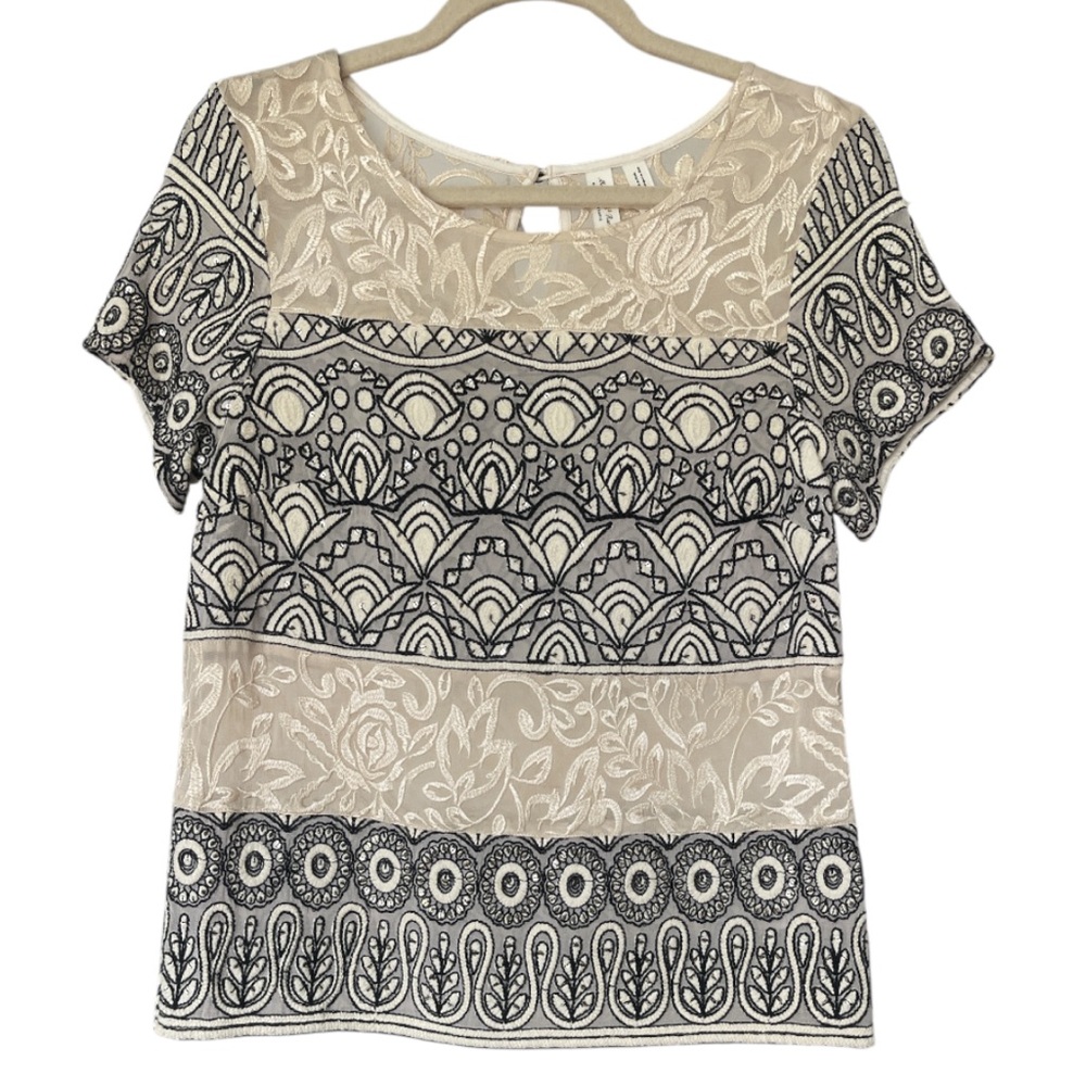 Anthropologie Meadow Rue Embroidered Boho Top Size 6 Neutral